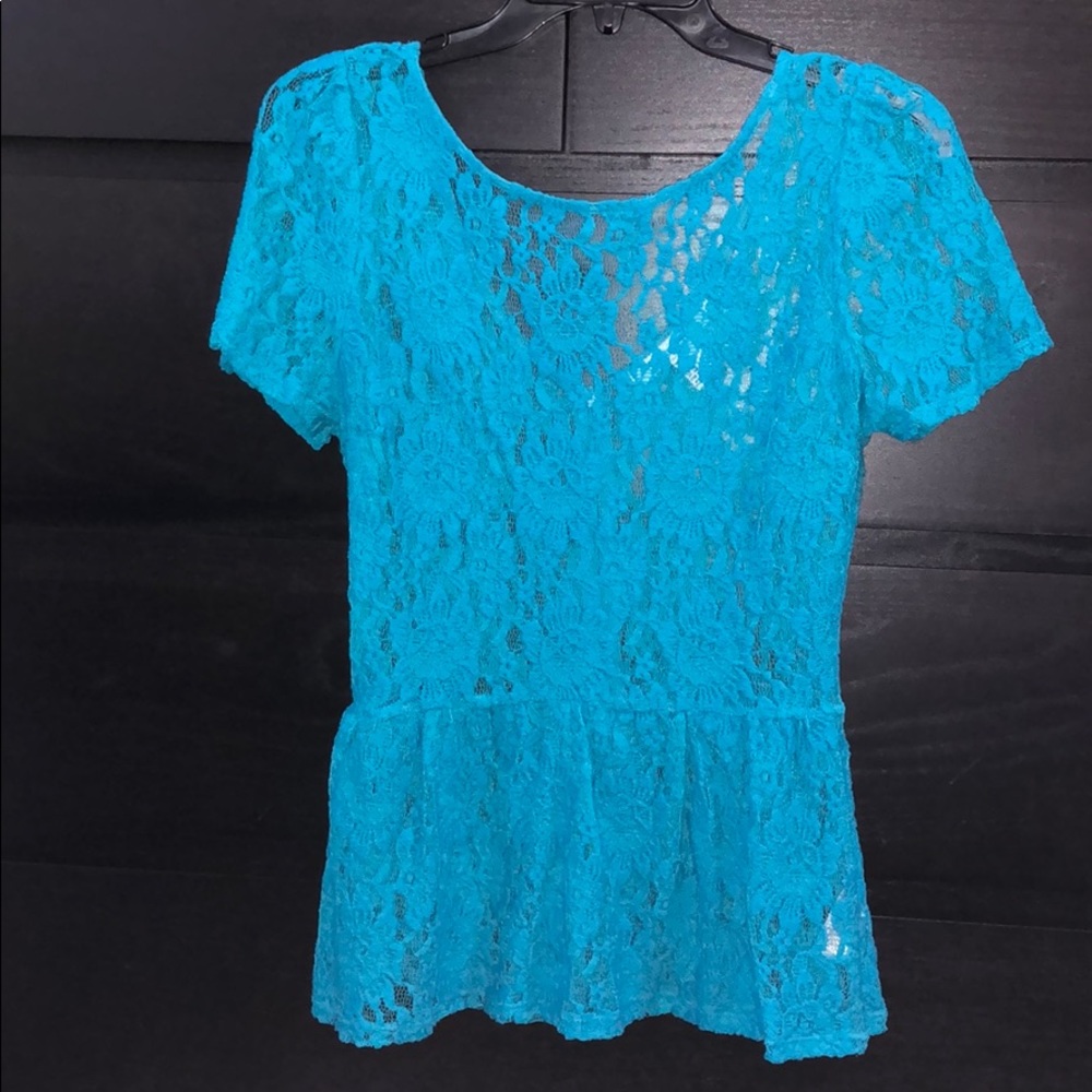 Fitted blue lace peplum blouse